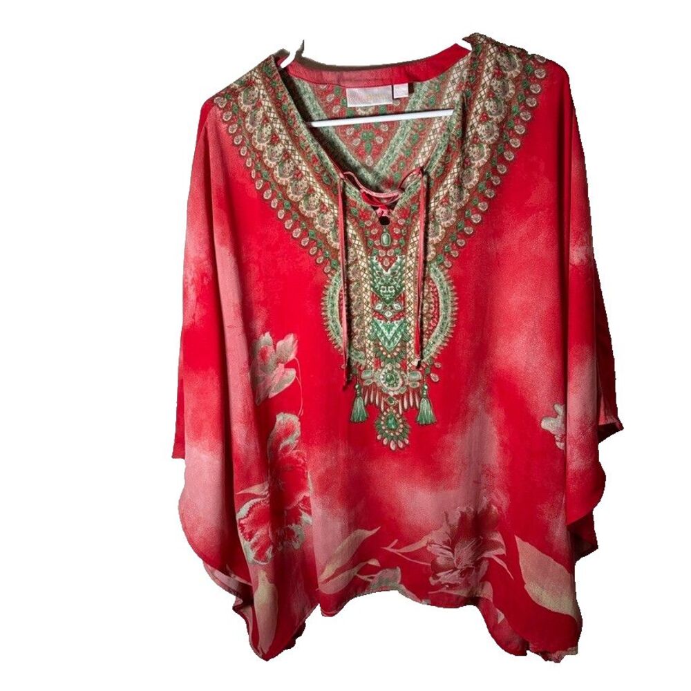 Belle Kim Gravel Blouse Women's XL V-Neck Short Sleeve Slouchy Poncho Cage Top